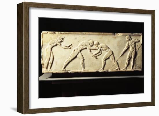 Stele Depicting Wrestling Competition, Relief from Kerameikos Necropolis in Athens, Greece-null-Framed Giclee Print