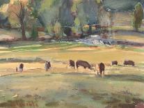 Grazing Cows Watercolor-Stephen Calcasola-Framed Art Print