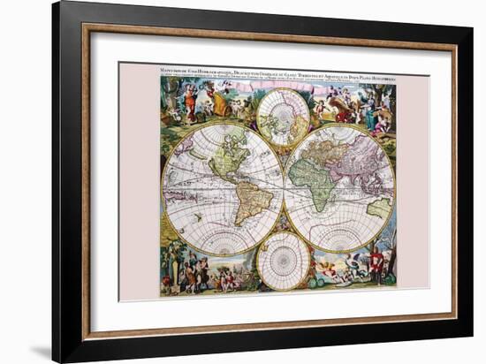 Stereographic Map of the World with Classical Illustration-Gerard Valk-Framed Art Print