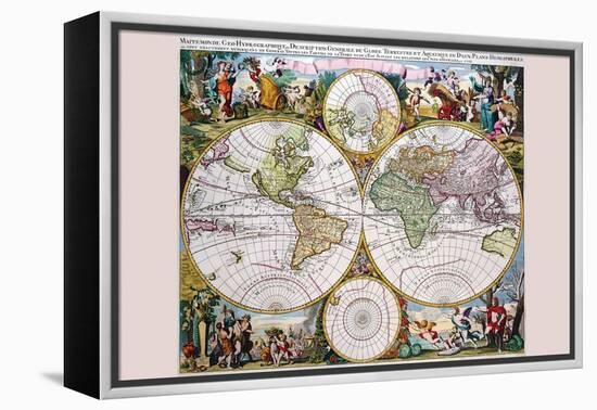 Stereographic Map of the World with Classical Illustration-Gerard Valk-Framed Stretched Canvas