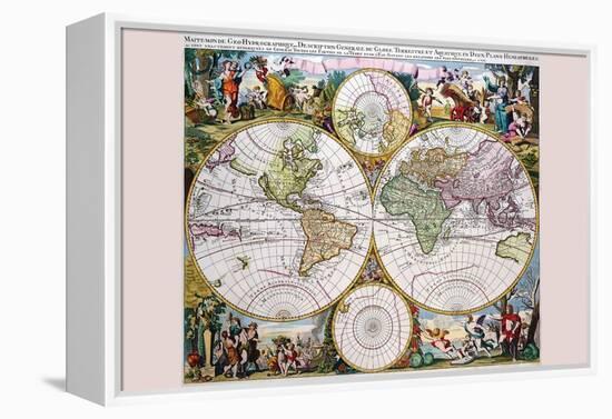 Stereographic Map of the World with Classical Illustration-Gerard Valk-Framed Stretched Canvas