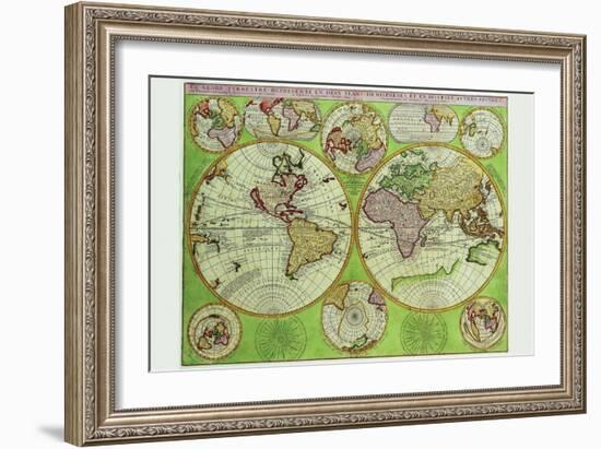 Stereographic World Map with Insets of Polar Projections-Vincenzo Coronelli-Framed Art Print
