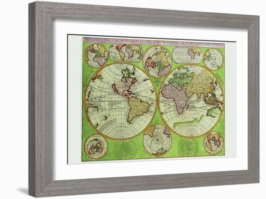 Stereographic World Map with Insets of Polar Projections-Vincenzo Coronelli-Framed Art Print