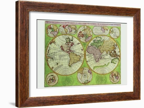 Stereographic World Map with Insets of Polar Projections-Vincenzo Coronelli-Framed Art Print