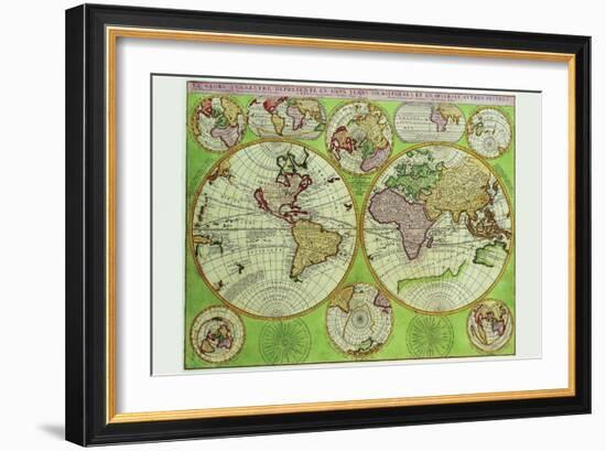 Stereographic World Map with Insets of Polar Projections-Vincenzo Coronelli-Framed Art Print