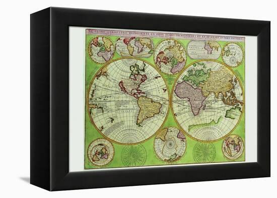 Stereographic World Map with Insets of Polar Projections-Vincenzo Coronelli-Framed Stretched Canvas