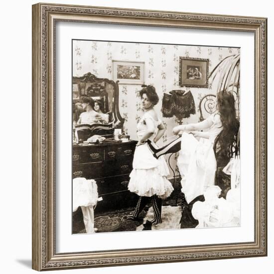 Stereoscopic Card Depicting a Woman Being Laced into a Corset, C.1900-Vermont, USA H.C. White Company-Framed Photographic Print