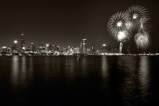 Chicago Lakefront Skyline With Fireworks BW-Steve Gadomski-Photographic Print
