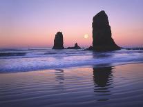 Moonset Between the Needles Rocks in Early Morning Light, Cannon Beach, Oregon, USA-Steve Terrill-Photographic Print