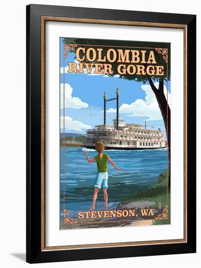 Stevenson, Washington - Columbia River Gorge - Paddle Wheeler Scene-Lantern Press-Framed Art Print