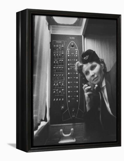 Stewardess Using Telephone on Board Soviet Passenger Plane-null-Framed Premier Image Canvas