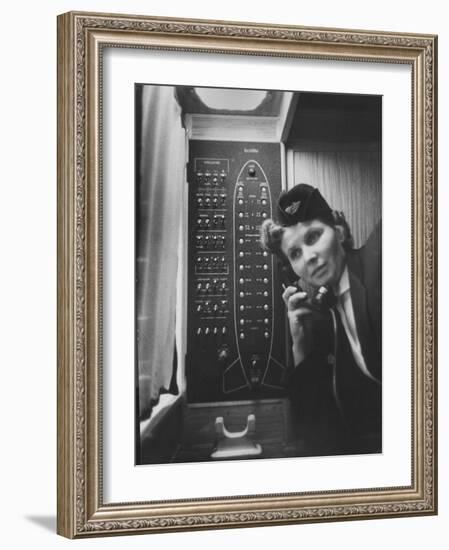 Stewardess Using Telephone on Board Soviet Passenger Plane-null-Framed Photographic Print