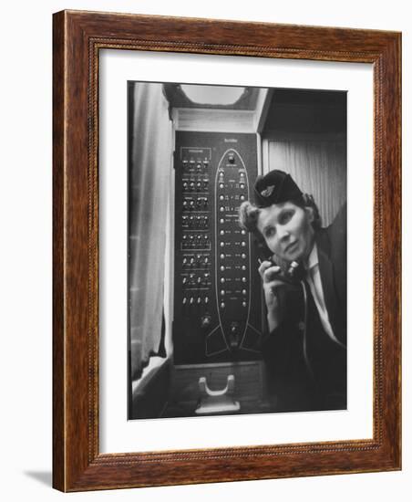 Stewardess Using Telephone on Board Soviet Passenger Plane-null-Framed Photographic Print