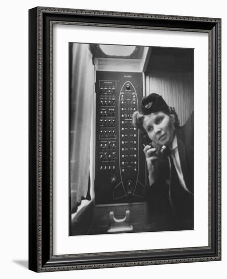 Stewardess Using Telephone on Board Soviet Passenger Plane-null-Framed Photographic Print