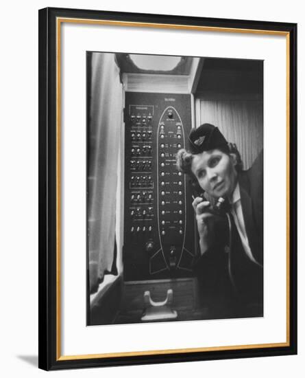 Stewardess Using Telephone on Board Soviet Passenger Plane-null-Framed Photographic Print