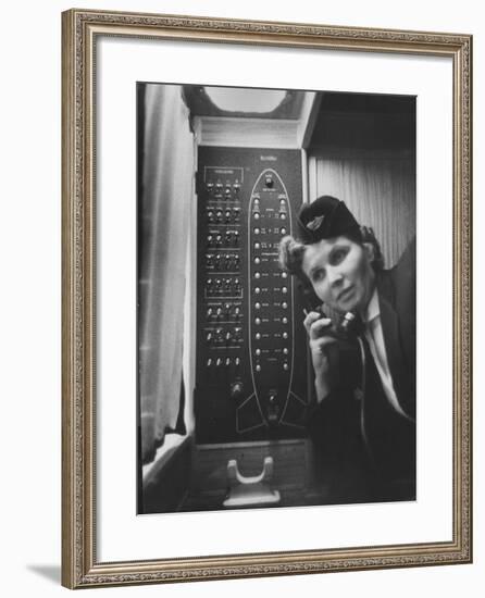 Stewardess Using Telephone on Board Soviet Passenger Plane-null-Framed Photographic Print