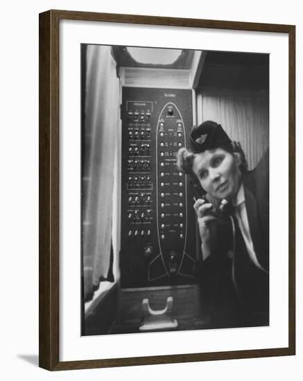 Stewardess Using Telephone on Board Soviet Passenger Plane-null-Framed Photographic Print