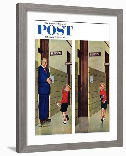 "Sticking out His Tongue" Saturday Evening Post Cover, February 7, 1959-Richard Sargent-Framed Giclee Print