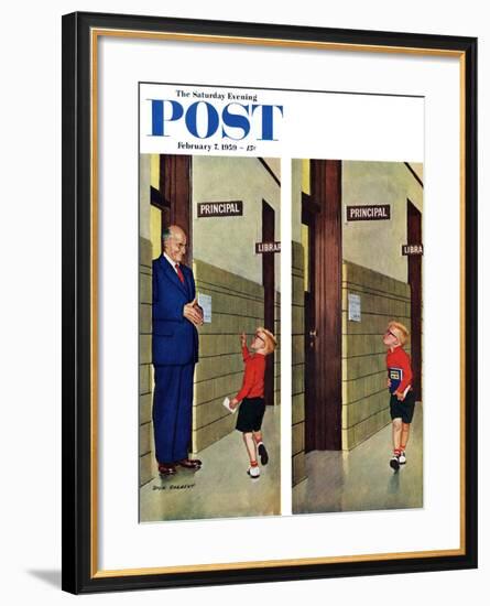 "Sticking out His Tongue" Saturday Evening Post Cover, February 7, 1959-Richard Sargent-Framed Giclee Print