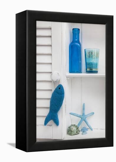 Still Life, Blue, Turquoise, Bottle, Glass, Starfish, Seashells, Fish-Andrea Haase-Framed Premier Image Canvas