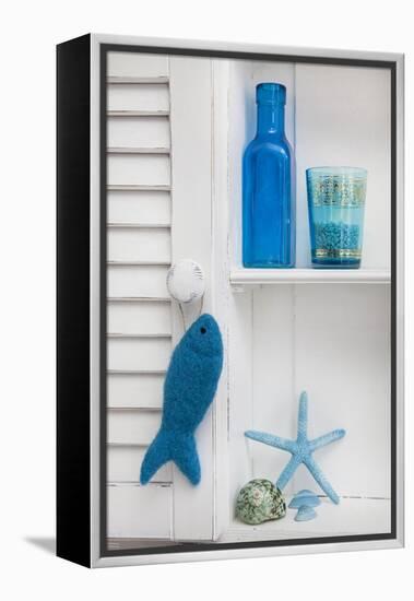 Still Life, Blue, Turquoise, Bottle, Glass, Starfish, Seashells, Fish-Andrea Haase-Framed Premier Image Canvas