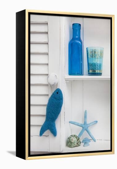 Still Life, Blue, Turquoise, Bottle, Glass, Starfish, Seashells, Fish-Andrea Haase-Framed Premier Image Canvas