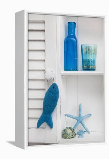 Still Life, Blue, Turquoise, Bottle, Glass, Starfish, Seashells, Fish-Andrea Haase-Framed Premier Image Canvas