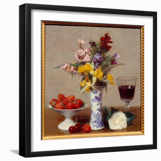 Still Life Called the Engagement A Glass of Red Wine, a Bouquet of Melange, Cherries and Strawberri-Henri Fantin-Latour-Framed Giclee Print