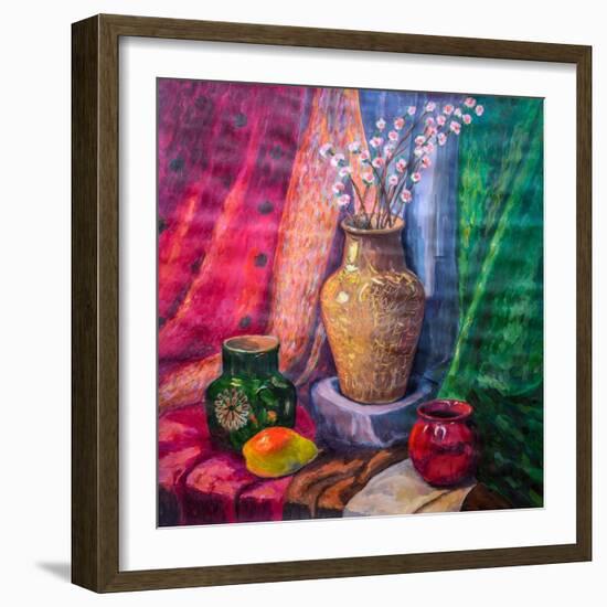 Still-Life Drawing Watercolor. Vase and Pots, Pear Fruit-Leonid Eremeychuk-Framed Photographic Print