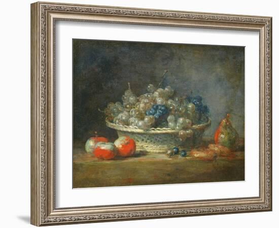 Still Life: Grape Basket with Three Apples, a Pear and Two Marzipans, 1764-Jean-Baptiste Simeon Chardin-Framed Giclee Print