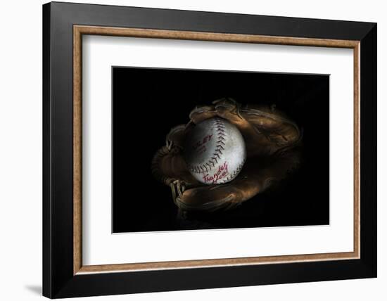 Still-Life Image of Baseball Nestled in a Mitt or Glove-Sheila Haddad-Framed Photographic Print