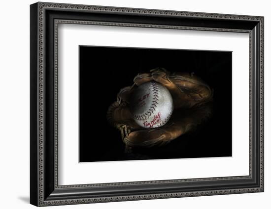 Still-Life Image of Baseball Nestled in a Mitt or Glove-Sheila Haddad-Framed Photographic Print