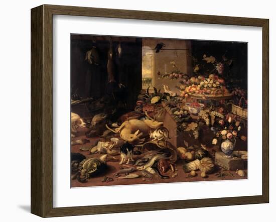 Still Life (Interior with Game, Fish, Fruit, Flowers, Cats and Dogs), 1645-79-Jan van Kessel-Framed Art Print