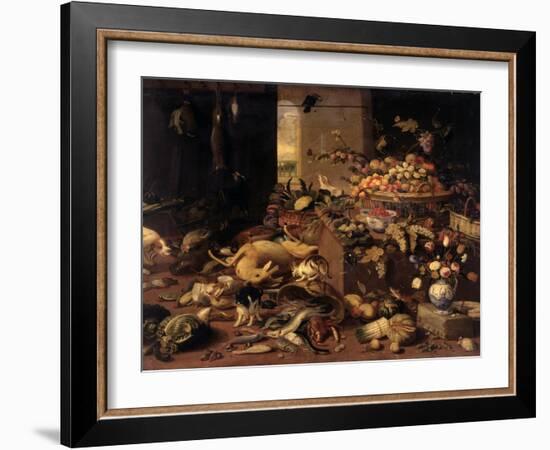 Still Life (Interior with Game, Fish, Fruit, Flowers, Cats and Dogs), 1645-79-Jan van Kessel-Framed Art Print