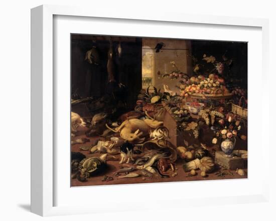 Still Life (Interior with Game, Fish, Fruit, Flowers, Cats and Dogs), 1645-79-Jan van Kessel-Framed Art Print