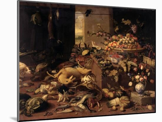 Still Life (Interior with Game, Fish, Fruit, Flowers, Cats and Dogs), 1645-79-Jan van Kessel-Mounted Art Print