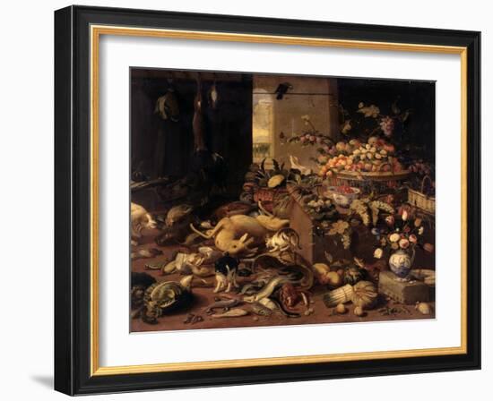 Still Life (Interior with Game, Fish, Fruit, Flowers, Cats and Dogs), 1645-79-Jan van Kessel-Framed Art Print