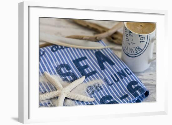 Still Life, Maritime, Blue, Flotsam and Jetsam, Starfish, Material, Text-Andrea Haase-Framed Photographic Print