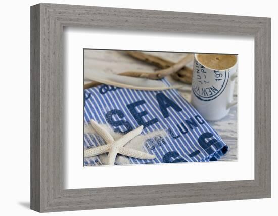 Still Life, Maritime, Blue, Flotsam and Jetsam, Starfish, Material, Text-Andrea Haase-Framed Photographic Print