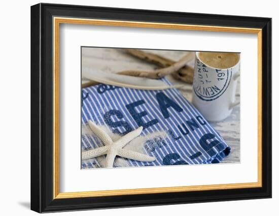 Still Life, Maritime, Blue, Flotsam and Jetsam, Starfish, Material, Text-Andrea Haase-Framed Photographic Print