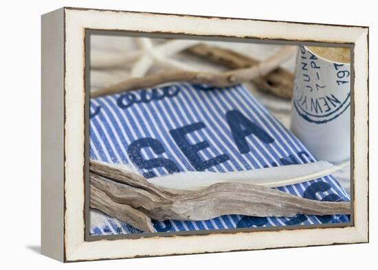 Still Life, Maritime, Blue, Flotsam, Starfish, Cloth, Lettering-Andrea Haase-Framed Premier Image Canvas