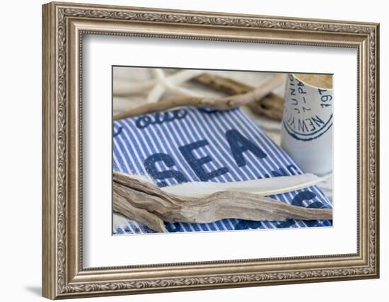 Still Life, Maritime, Blue, Flotsam, Starfish, Cloth, Lettering-Andrea Haase-Framed Photographic Print