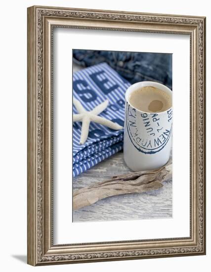 Still Life, Maritime, Blue, Starfish, Material, Text, Wooden Piece, Coffee Cup-Andrea Haase-Framed Photographic Print