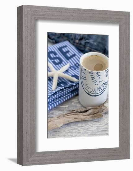 Still Life, Maritime, Blue, Starfish, Material, Text, Wooden Piece, Coffee Cup-Andrea Haase-Framed Photographic Print