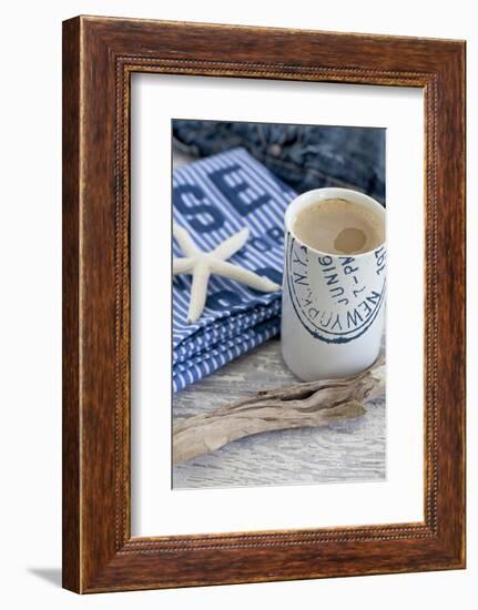 Still Life, Maritime, Blue, Starfish, Material, Text, Wooden Piece, Coffee Cup-Andrea Haase-Framed Photographic Print