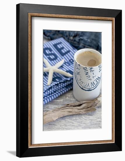 Still Life, Maritime, Blue, Starfish, Material, Text, Wooden Piece, Coffee Cup-Andrea Haase-Framed Photographic Print