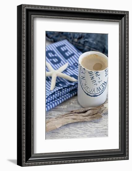 Still Life, Maritime, Blue, Starfish, Material, Text, Wooden Piece, Coffee Cup-Andrea Haase-Framed Photographic Print