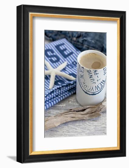 Still Life, Maritime, Blue, Starfish, Material, Text, Wooden Piece, Coffee Cup-Andrea Haase-Framed Photographic Print