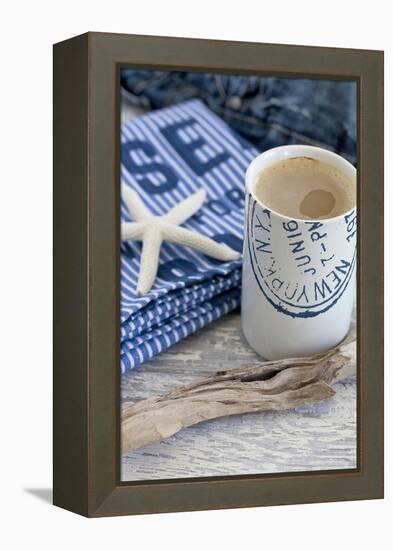 Still Life, Maritime, Blue, Starfish, Material, Text, Wooden Piece, Coffee Cup-Andrea Haase-Framed Premier Image Canvas