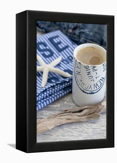 Still Life, Maritime, Blue, Starfish, Material, Text, Wooden Piece, Coffee Cup-Andrea Haase-Framed Premier Image Canvas